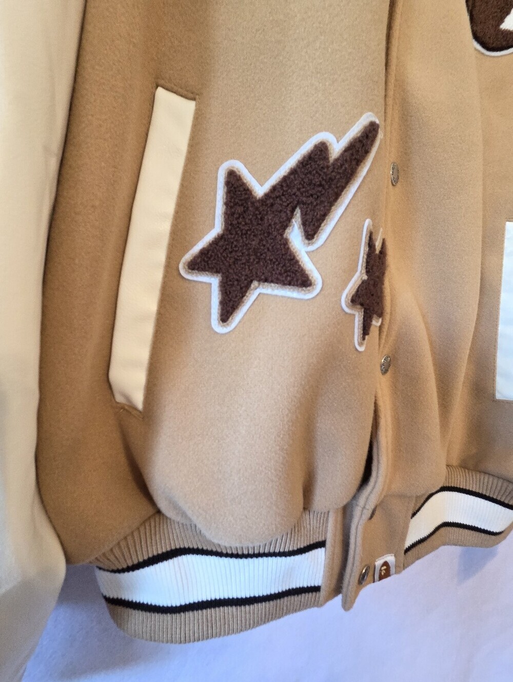 A BATHING APE BAPE MULTI MOTIF VARSITY JACKET BEIGE SIZE XXL (NWT) - Picture 6 of 14